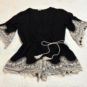 Umgee Black Romper with Cream Lace Accents